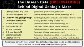 The Unseen Data (OBSERVATIONS)
Behind Digital Geologic Maps
1) Lithology-based map units (for example: quartz-sericite-pyrite schist)
2) Locations of exposed rock (outcrop lithology, structure, textures, mineralogy, etc..)
3) Lines on the geology map (contacts, faults, shear zones, etc., rocks on each side of the line!!)
4) Orientation of the rocks (bedding, foliation, folding, lineation, etc..)
5) Mineral assemblages (mineral occurrences, alteration mineralogy, etc..)
6) Textures of the rocks (brecciated, faulted, sheared, altered, veined, etc..)
7) Mineral resources (calculated resources, mines, quarries, test pits, prospects, etc..)
8) Drill hole data in 3D (continuous lithology, assays, density, etc..)
9) Geochemical data (rocks, cores, till, soils, seeps, lake & stream sediment, etc..)
10) Geophysical data (magnetics, density, susceptibility, conductivity, resistivity, etc..)
If assembled correctly these unseen data behind geology maps can be used to create any
number of new Derivative Maps in Exploration Programs.
 