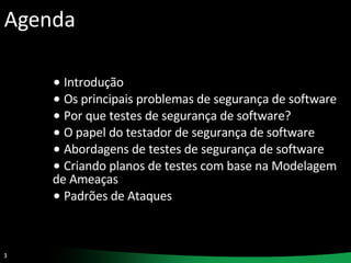 Agenda Introdução Os principais problemas de segurança de software Por que testes de segurança de software? O papel do testador de segurança de software Abordagens de testes de segurança de software Criando planos de testes com base na Modelagem de Ameaças Padrões de Ataques 