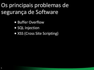 Os principais problemas de segurança de Software Buffer Overflow SQL Injection XSS (Cross Site Scripting) 