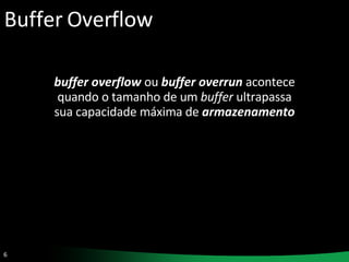 Buffer Overflow buffer overflow  ou  buffer overrun   acontece quando o tamanho de um  buffer  ultrapassa sua capacidade máxima de  armazenamento 
