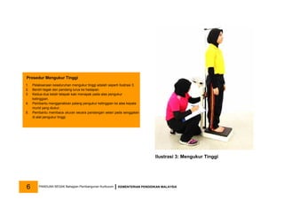 Ilustrasi 3: Mengukur Tinggi
Prosedur Mengukur Tinggi
1. Pelaksanaan keseluruhan mengukur tinggi adalah seperti Ilustrasi 3.
2. Berdiri tegak dan pandang lurus ke hadapan.
3. Kedua-dua belah telapak kaki menapak pada alas pengukur
ketinggian.
4. Pembantu menggerakkan palang pengukur ketinggian ke atas kepala
murid yang diukur.
5. Pembantu membaca ukuran secara pandangan selari pada senggatan
di alat pengukur tinggi.
PANDUAN SEGAK Bahagian Pembangunan Kurikulum KEMENTERIAN PENDIDIKAN MALAYSIA
6
 