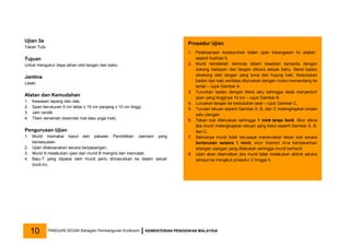 Ujian 3a
Tekan Tubi
Tujuan
Untuk mengukur daya tahan otot tangan dan bahu.
Jantina
Lelaki
Alatan dan Kemudahan
1. Kawasan lapang dan rata.
2. Span berukuran 5 cm lebar x 15 cm panjang x 10 cm tinggi.
3. Jam randik.
4. Tilam senaman (exercise mat atau yoga mat).
Pengurusan Ujian
1. Murid memakai kasut dan pakaian Pendidikan Jasmani yang
bersesuaian.
2. Ujian dilaksanakan secara berpasangan.
3. Murid A melakukan ujian dan murid B mengira dan mencatat.
4. Baju-T yang dipakai oleh murid perlu dimasukkan ke dalam seluar
(tuck-in).
Prosedur Ujian
1. Pelaksanaan keseluruhan bateri ujian kecergasan ini adalah
seperti Ilustrasi 5.
2. Murid hendaklah bermula dalam keadaan bersedia dengan
sokong hadapan dan tangan dibuka seluas bahu. Berat badan
disokong oleh tangan yang lurus dan hujung kaki. Kedudukan
badan dan kaki sentiasa diluruskan dengan muka memandang ke
lantai – rujuk Gambar A.
3. Turunkan badan dengan fleksi siku sehingga dada menyentuh
span yang tingginya 10 cm – rujuk Gambar B.
4. Luruskan tangan ke kedudukan asal – rujuk Gambar C.
5. Turutan lakuan seperti Gambar A, B, dan C melengkapkan kiraan
satu ulangan.
6. Tekan tubi diteruskan sehingga 1 minit tanpa henti. Skor dikira
jika murid melengkapkan lakuan yang betul seperti Gambar A, B,
dan C.
7. Sekiranya murid tidak berupaya meneruskan tekan tubi secara
berterusan selama 1 minit, skor diambil kira berdasarkan
bilangan ulangan yang dilakukan sehingga murid berhenti.
8. Ujian akan ditamatkan jika murid tidak melakukan aktiviti secara
sempurna mengikut prosedur 2 hingga 4.
PANDUAN SEGAK Bahagian Pembangunan Kurikulum KEMENTERIAN PENDIDIKAN MALAYSIA
10
 