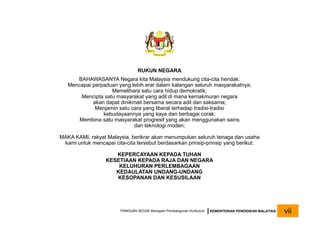 RUKUN NEGARA
BAHAWASANYA Negara kita Malaysia mendukung cita-cita hendak:
Mencapai perpaduan yang lebih erat dalam kalangan seluruh masyarakatnya;
Memelihara satu cara hidup demokratik;
Mencipta satu masyarakat yang adil di mana kemakmuran negara
akan dapat dinikmati bersama secara adil dan saksama;
Menjamin satu cara yang liberal terhadap tradisi-tradisi
kebudayaannya yang kaya dan berbagai corak;
Membina satu masyarakat progresif yang akan menggunakan sains
dan teknologi moden;
MAKA KAMI, rakyat Malaysia, berikrar akan menumpukan seluruh tenaga dan usaha
kami untuk mencapai cita-cita tersebut berdasarkan prinsip-prinsip yang berikut:
KEPERCAYAAN KEPADA TUHAN
KESETIAAN KEPADA RAJA DAN NEGARA
KELUHURAN PERLEMBAGAAN
KEDAULATAN UNDANG-UNDANG
KESOPANAN DAN KESUSILAAN
PANDUAN SEGAK Bahagian Pembangunan Kurikulum KEMENTERIAN PENDIDIKAN MALAYSIA vii
 
