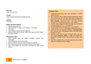 Ujian 3b
Tekan Tubi Ubah Suai
Tujuan
Untuk mengukur daya tahan otot tangan dan bahu.
Jantina
Perempuan
Alatan dan Kemudahan
1. Kawasan lapang dan rata.
2. Span berukuran 5 cm lebar x 15 cm panjang x 10 cm tinggi.
3. Jam randik.
4. Tilam senaman (exercise mat atau yoga mat).
5. Borang SEGAK Sekolah Rendah (BSSR) atau Borang SEGAK Sekolah
Menengah (BSSM).
Pengurusan Ujian
1. Murid memakai kasut dan pakaian Pendidikan Jasmani yang
bersesuaian.
2. Ujian dilaksanakan secara berpasangan.
3. Murid A melakukan ujian dan murid B mengira dan mencatat.
4. Murid yang bertudung perlu memasukkan tudung ke dalam baju-T.
5. Baju-T yang dipakai oleh murid perlu dimasukkan ke dalam seluar
(tuck-in).
Prosedur Ujian
1. Pelaksanaan keseluruhan bateri ujian kecergasan ini adalah
seperti Ilustrasi 6.
2. Murid hendaklah bermula dalam keadaan bersedia iaitu tangan
dibuka seluas bahu dan lutut fleksi. Berat badan disokong oleh
tangan lurus dan lutut. Lutut difleksi dan kedua-dua belah kaki
tidak bersilang. Kedudukan badan dan paha sentiasa
diluruskan dan muka pandang ke lantai – rujuk Gambar A.
3. Turunkan badan dengan siku difleksi sehingga dada menyentuh
span yang tingginya 10 cm – rujuk Gambar B.
4. Luruskan tangan dalam kedudukan asal – rujuk Gambar C.
5. Turutan lakuan A, B, dan C melengkapkan kiraan satu ulangan.
6. Tekan tubi ubah suai diteruskan sehingga 1 minit tanpa henti.
Skor dikira jika murid melengkapkan lakuan yang betul seperti
Gambar A, B, dan C.
7. Sekiranya murid tidak berupaya meneruskan tekan tubi ubah
suai secara berterusan selama 1 minit, skor diambil kira
berdasarkan bilangan ulangan yang dilakukan sehingga murid
berhenti.
8. Ujian akan ditamatkan jika murid tidak melakukan aktiviti secara
sempurna mengikut prosedur 2 hingga 4.
PANDUAN SEGAK, BPK KPM
12
 