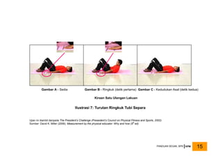 Ilustrasi 7: Turutan Ringkuk Tubi Separa
Ujian ini diambil daripada The President’s Challenge (Preseident’s Council on Physical Fitness and Sports, 2002).
Sumber: David K. Miller (2006). Measurement by the physical educator: Why and how (5th
ed).
Gambar A - Sedia Gambar B - Ringkuk (detik pertama) Gambar C - Kedudukan Asal (detik kedua)
Kiraan Satu Ulangan Lakuan
PANDUAN SEGAK, BPK KPM 15
 