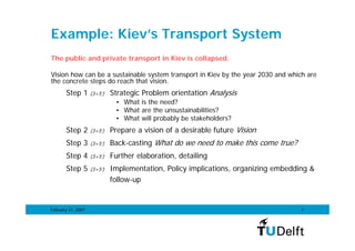Example: Kiev’s Transport System
The public and private transport in Kiev is collapsed.

Vision how can be a sustainable system transport in Kiev by the year 2030 and which are
the concrete steps do reach that vision.
       Step 1       (3+5’)   Strategic Problem orientation Analysis
                              • What is the need?
                              • What are the unsustainabilities?
                              • What will probably be stakeholders?
       Step 2       (3+5’)   Prepare a vision of a desirable future Vision
       Step 3       (3+5’)   Back-casting What do we need to make this come true?
       Step 4       (3+5’)   Further elaboration, detailing
       Step 5       (3+5’)   Implementation, Policy implications, organizing embedding &
                             follow-up


February 21, 2007                                                                   1
 
