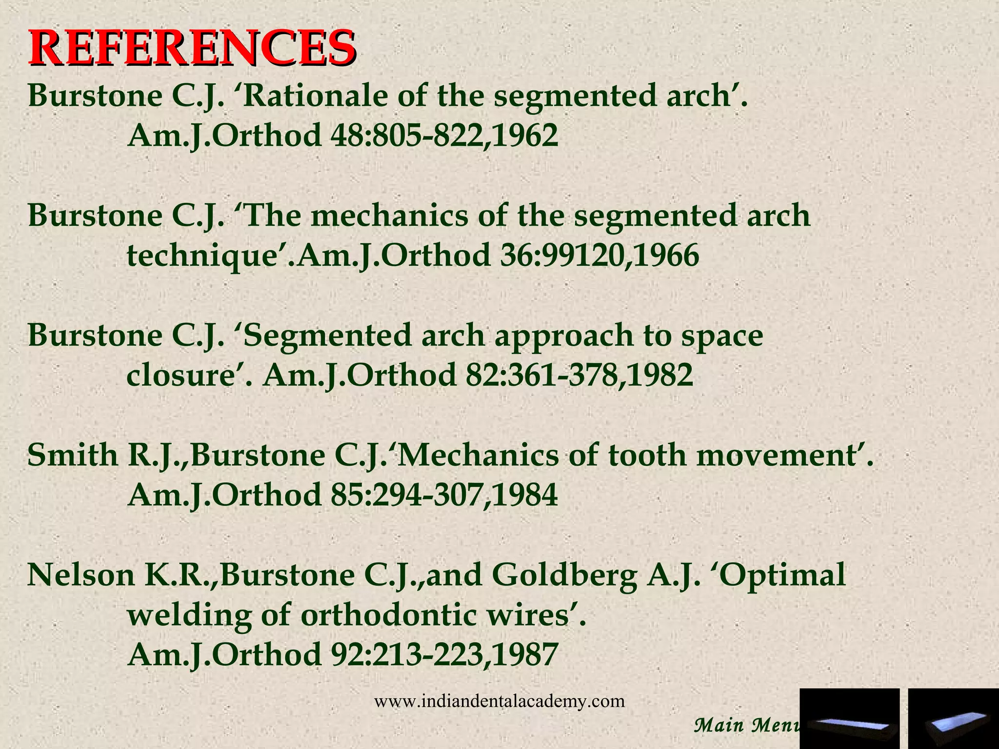 REFERENCESREFERENCES
Burstone C.J. ‘Rationale of the segmented arch’.
Am.J.Orthod 48:805-822,1962
 
Burstone C.J. ‘The mechanics of the segmented arch
technique’.Am.J.Orthod 36:99120,1966
 
Burstone C.J. ‘Segmented arch approach to space
closure’. Am.J.Orthod 82:361-378,1982
 
Smith R.J.,Burstone C.J.‘Mechanics of tooth movement’.
Am.J.Orthod 85:294-307,1984
 
Nelson K.R.,Burstone C.J.,and Goldberg A.J. ‘Optimal
welding of orthodontic wires’.
Am.J.Orthod 92:213-223,1987
 
Main Menu
www.indiandentalacademy.com
 