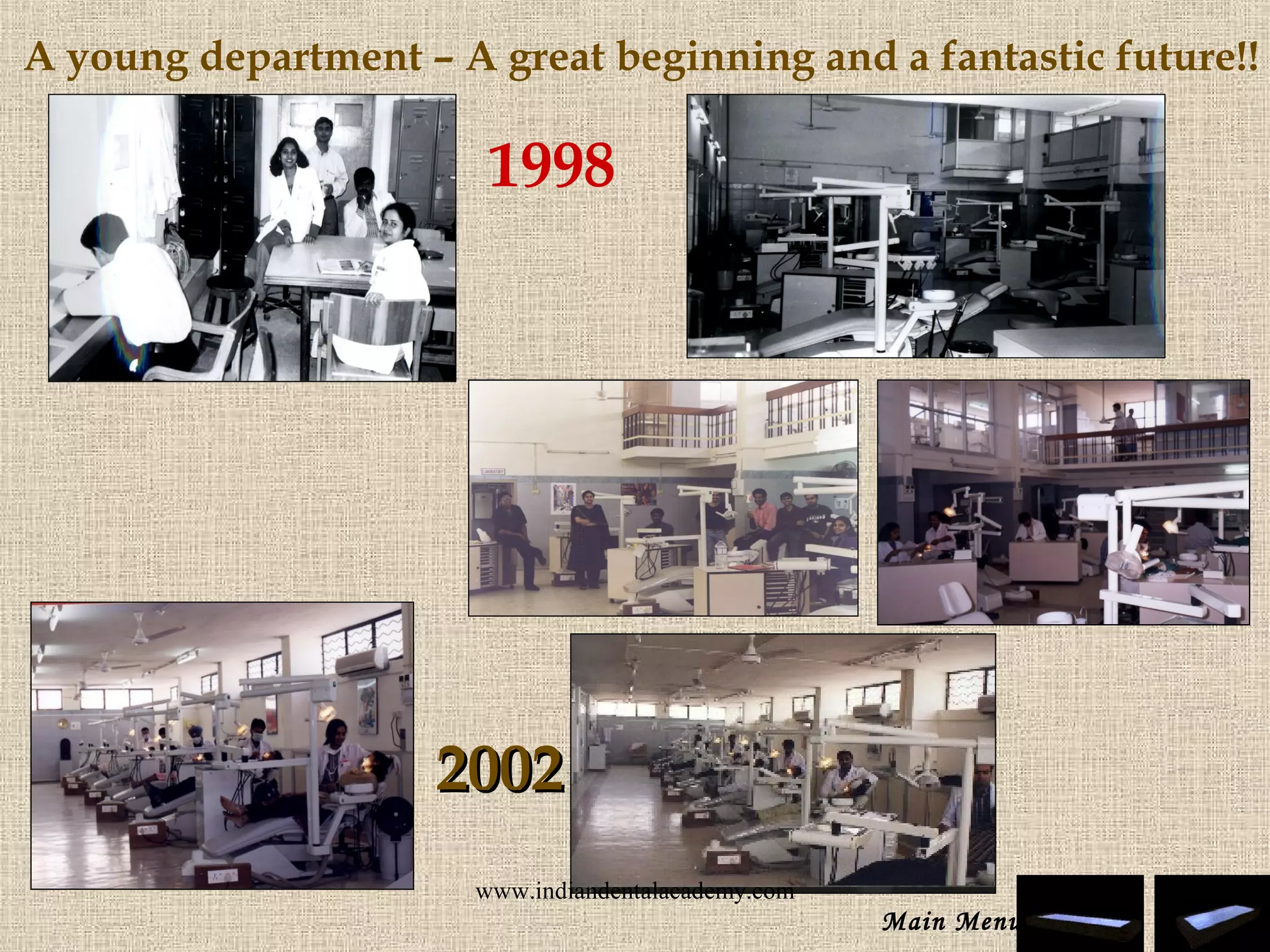 A young department – A great beginning and a fantastic future!!
1998
20022002
Main Menu
www.indiandentalacademy.com
 