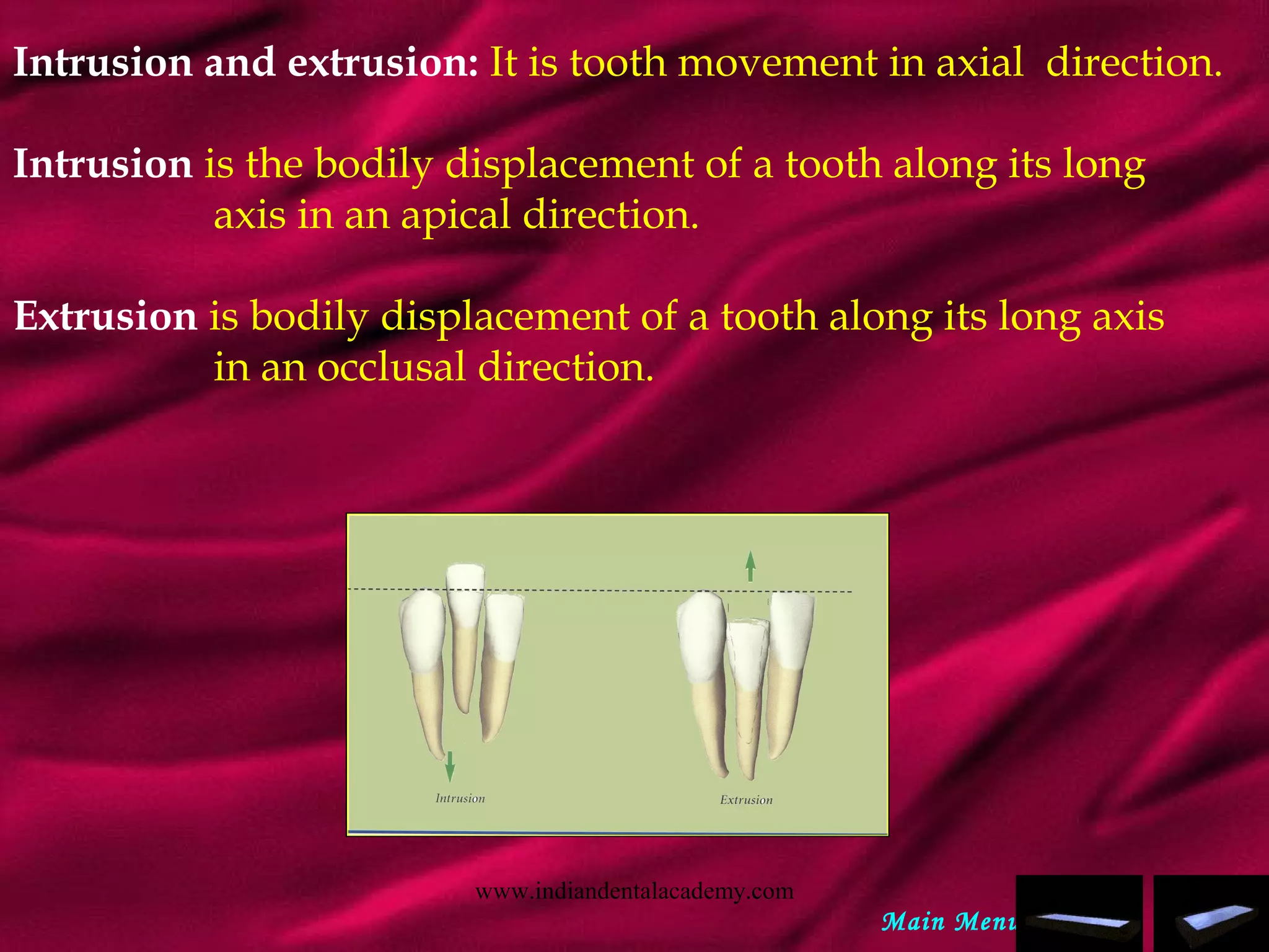 Intrusion and extrusion: It is tooth movement in axial direction.
Intrusion is the bodily displacement of a tooth along its long
axis in an apical direction.
Extrusion is bodily displacement of a tooth along its long axis
in an occlusal direction.
Main Menu
www.indiandentalacademy.com
 