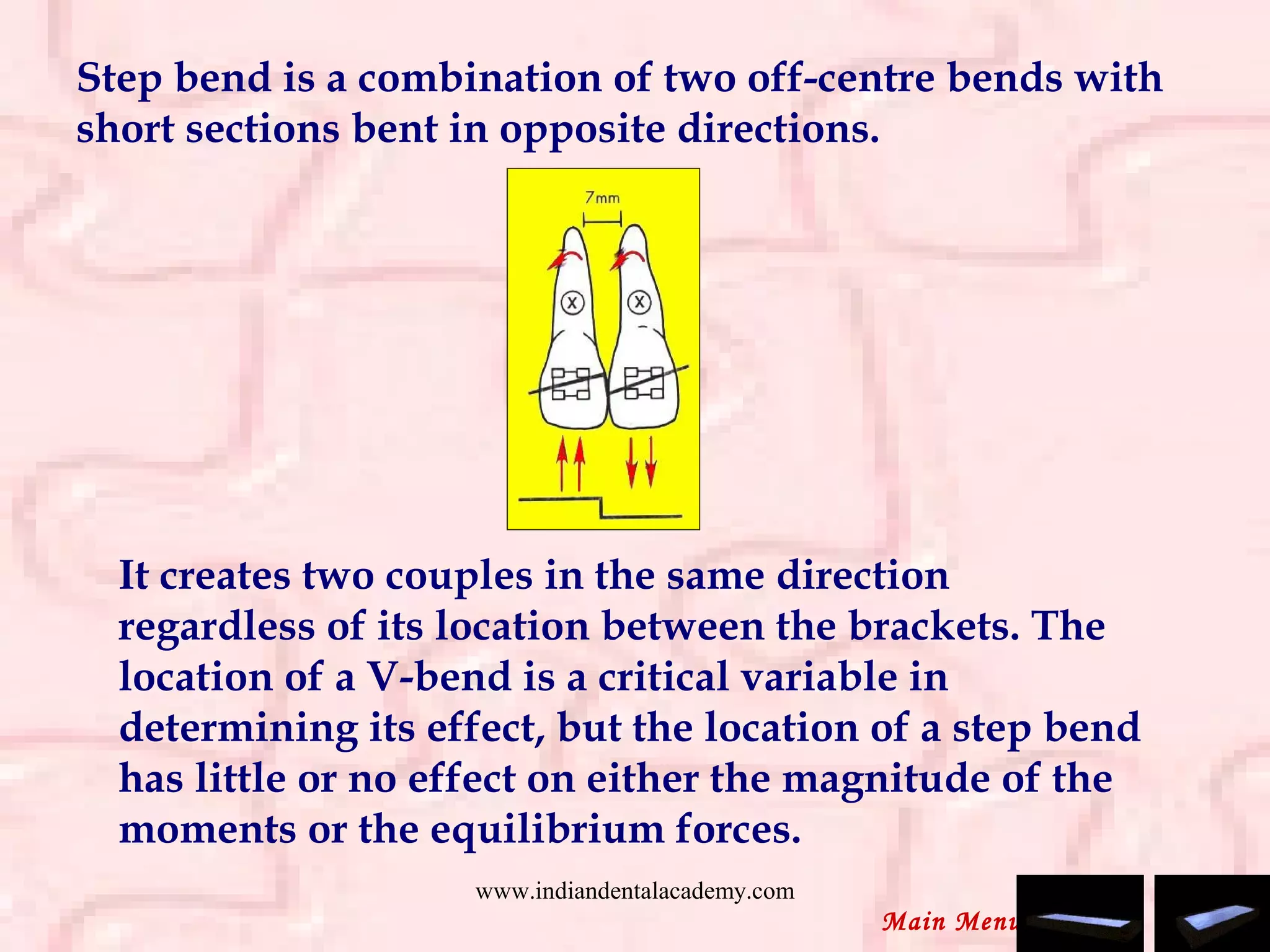 Step bend is a combination of two off-centre bends with
short sections bent in opposite directions.
It creates two couples in the same direction
regardless of its location between the brackets. The
location of a V-bend is a critical variable in
determining its effect, but the location of a step bend
has little or no effect on either the magnitude of the
moments or the equilibrium forces.
Main Menu
www.indiandentalacademy.com
 
