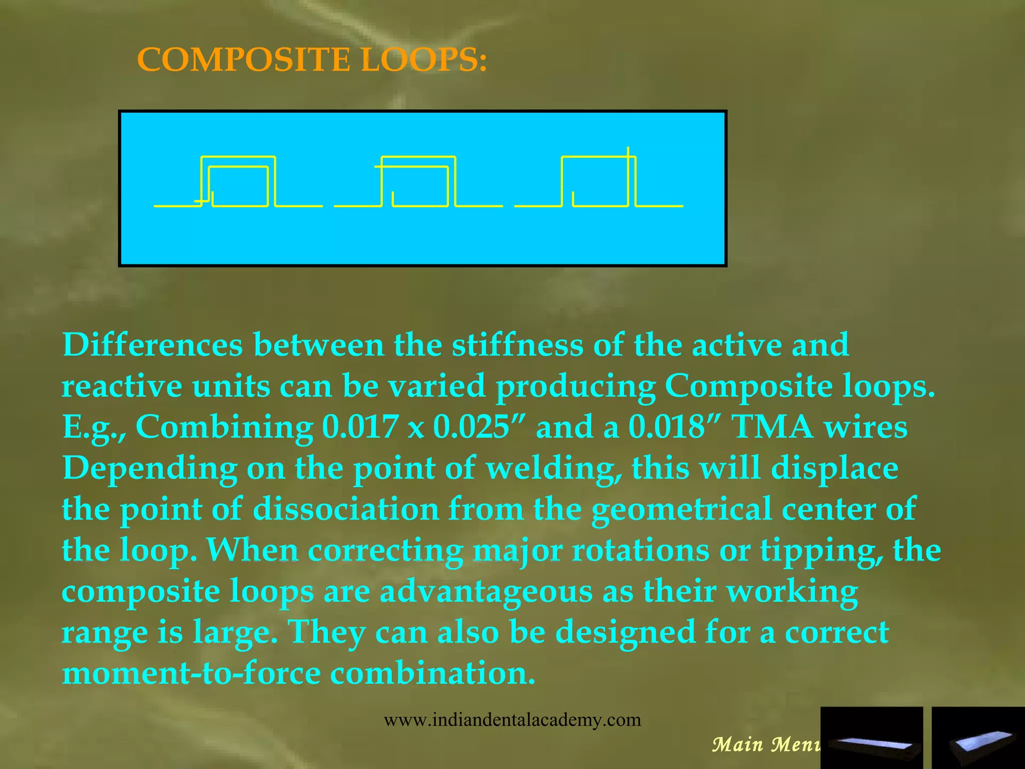 COMPOSITE LOOPS:
Differences between the stiffness of the active and
reactive units can be varied producing Composite loops.
E.g., Combining 0.017 x 0.025” and a 0.018” TMA wires
Depending on the point of welding, this will displace
the point of dissociation from the geometrical center of
the loop. When correcting major rotations or tipping, the
composite loops are advantageous as their working
range is large. They can also be designed for a correct
moment-to-force combination.
Main Menu
www.indiandentalacademy.com
 