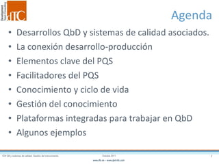 Agenda Desarrollos QbD y sistemas de calidad asociados. La conexión desarrollo-producción Elementos clave del PQS Facilitadores del PQS Conocimiento y ciclo de vida Gestión del conocimiento Plataformas integradas para trabajar en QbD Algunos ejemplos  