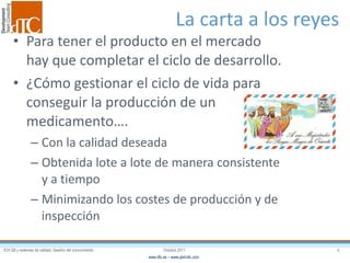 La carta a los reyes Para tener el producto en el mercado hay que completar el ciclo de desarrollo. ¿Cómo gestionar el ciclo de vida para conseguir la producción de un medicamento…. Con la calidad deseada Obtenida lote a lote de manera consistente y a tiempo Minimizando los costes de producción y de inspección 