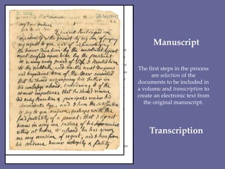 Manuscript
The first steps in the process
are selection of the
documents to be included in
a volume and transcription to
c...