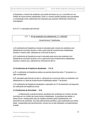 Escola Estadual de Educação Profissional [EEEP]      Ensino Médio Integrado à Educação Profissional


  a) Expressa o número de acidentes com perda de tempo (a.c.p.t.) ocorridos em um
  milhão de horas-homem trabalhadas. Este é o número padrão adotado para possibilitar
  a comparação entre coeficientes de empresas que possuem diferentes números de
  empregados.



  b) O C.F. é calculado pela fórmula:



                   C.F. = Nº de acidentes com afastamento X 1.000.000

                                       Horas/homens Trabalhadas



  c) O coeficiente de freqüência mensal é calculado pelo número de acidentes com
  afastamento ocorridos durante o mês e pelo total de horas/homens trabalhadas
  durante o mesmo mês, utilizando-se a fórmula do item b.

  d) O coeficiente de freqüência anual é calculado pela soma dos acidentes com
  afastamento ocorridos durante o ano e pela soma das horas/homens trabalhadas
  durante o mesmo ano, utilizando-se a fórmula do item b.



  3.2 Coeficiente de Freqüência Atualizada - C.F.A.

  a) É o coeficiente de freqüência relativo ao período decorrido entre 1º de janeiro e a
  data considerada.

  b) É calculado pela fórmula do item b, utilizando-se a soma de todos os acidentes com
  afastamento e o total de horas/homens trabalhadas desde 1º de janeiro.

  c) O coeficiente de freqüência atualizado e calculado em 31 de dezembro corresponde
  ao coeficiente de freqüência anual.

  3.3 Coeficiente de Gravidade - C.G.

          a) Representa a perda de tempo resultante dos acidentes em número de dias,
  ocorridos em um milhão de horas-homem trabalhadas. A gravidade das lesões, é
  dessa forma, medida pelos dias de trabalho perdidos pelos trabalhadores, em
  decorrência de acidentes. Aos dias efetivamente perdidos, pelo acidentado que sofreu
  lesão, incapacitado permanentemente, somam-se os dias debitados correspondentes
  à lesão.



  Técnico em Segurança do Trabalho                                                         31

  ESTATÍSTICA APLICADA
 