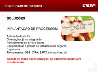 COMPORTAMENTO SEGURO
SOLUÇÕES
IMPLANTAÇÃO DE PROCESSOS:
Aplicação das NRs
Orientações já na integração
Fornecimento de EPIs e outros
Equipamentos e postos de trabalho mais seguros
Ergonomia
Treinamentos, DSS, CIPA, SIPAT, campanhas, etc
Apesar de todos esses esforços, os acidentes continuam
acontecendo
 
