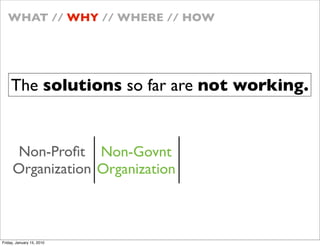 WHAT // WHY // WHERE // HOW




    The solutions so far are not working.


     Non-Pro?t Non-Govnt
     Organization Organization



Friday, January 15, 2010
 