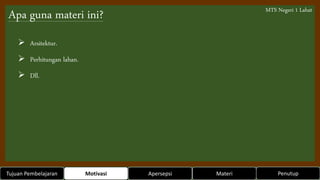 Apa guna materi ini?
 Arsitektur.
 Perhitungan lahan.
 Dll.
MTS Negeri 1 Lahat
Tujuan Pembelajaran Motivasi Apersepsi M...
