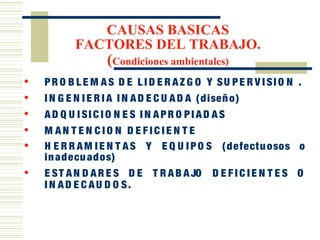 CAUSAS BASICAS
FACTORES DEL TRABAJO.
(Condiciones ambientales)
• PR O B L E M AS D E L I D E R AZ G O Y SU PE R V I SI O N .
• I N G E N I E R I A I N AD E C U AD A (diseño)
• AD Q U I SI C I O N E S I N APR O PI AD AS
• M AN T E N C I O N D E F I C I E N T E
• H E R R AM I E N T AS Y E Q U I PO S (defectuosos o
inadecuados)
• E ST AN D AR E S D E T R AB AJO D E F I C I E N T E S O
I N AD E C AU D O S.
 