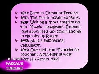 1623: Born in Clermont-Ferrand.
1631: The family moved to Paris.
1639: Writing a short treatise on
the "Mystic Hexagram"; Étienne
king appointed tax commissioner
in the city of Rouen
1642: Built a mechanical
calculator.
1647: Out with the "Experience
touchant Nouvelles le vide“
1651: His father died.Blaise
Pascal’s
timeline
 