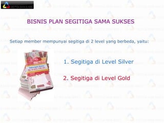 Setiap member mempunyai segitiga di 2 level yang berbeda, yaitu:  1.  Segitiga di Level Silver   2.  Segitiga di Level Gold BISNIS PLAN SEGITIGA SAMA SUKSES   