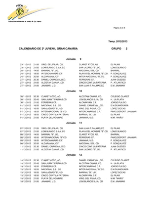 Página 3 de 8




                                                                                Temp. 2012/2013


CALENDARIO DE 2ª JUVENIL GRAN CANARIA                                             GRUPO             2


                                            Jornada   9

23/11/2012   21:00   VIRG. DEL PILAR, CD.             CLARET ATCO, AD.           EL PILAR
23/11/2012   21:00   LOM.BLANCO S.J.A, CD             SAN LAZARO "B", UD.        LOMO BLANCO
24/11/2012   14:00   BARRIAL "B", UD.                 NACIONAL S.B., CD          BARRIAL
24/11/2012   18:00   INTERCANARIAS C.F.               PLAYA DEL HOMBRE "B",CD    P. GONÇALVEZ
24/11/2012   20:00   ALCARAVAN, C.F.                  INTER-NACIONAL "B",CD.     P. GONÇALVEZ
27/11/2012   20:30   DANIEL CARNEVALI,CD.             FERRERAS CF.               JUAN GUEDES
27/11/2012   21:00   ALCOTAN CANAR.,CD.               CINCO CONT.LA PATERNA      P. ATLANTICO
27/11/2012   21:00   JINAMAR, U.D.                    SAN JUAN T.PALMAS,CD       E.M. JINAMAR

                                            Jornada   10

30/11/2012   20:30   CLARET ATCO, AD.                 ALCOTAN CANAR.,CD.         COLEGIO CLARET
30/11/2012   20:45   SAN JUAN T.PALMAS,CD             LOM.BLANCO S.J.A, CD       H. LA PLATA
30/11/2012   21:00   FERRERAS CF.                     ALCARAVAN, C.F.            JORGE PULIDO
01/12/2012   16:00   NACIONAL S.B., CD                DANIEL CARNEVALI,CD.       E.M.GUINIGUADA
01/12/2012   16:00   SAN LAZARO "B", UD.              VIRG. DEL PILAR, CD.       LOPEZ SOCAS
01/12/2012   18:00   INTER-NACIONAL "B",CD.           INTERCANARIAS C.F.         PARQ.DEPORT. JINAMAR
01/12/2012   18:00   CINCO CONT.LA PATERNA            BARRIAL "B", UD.           EL PILAR
01/12/2012   21:00   PLAYA DEL HOMBRE                 JINAMAR, U.D.              M.M. "NAÑO"

                                            Jornada   11

07/12/2012   21:00   VIRG. DEL PILAR, CD.             SAN JUAN T.PALMAS,CD       EL PILAR
07/12/2012   21:00   LOM.BLANCO S.J.A, CD             PLAYA DEL HOMBRE "B",CD    LOMO BLANCO
08/12/2012   14:00   BARRIAL "B", UD.                 CLARET ATCO, AD.           BARRIAL
08/12/2012   16:00   INTER-NACIONAL "B",CD.           FERRERAS CF.               PARQ.DEPORT. JINAMAR
08/12/2012   18:00   INTERCANARIAS C.F.               JINAMAR, U.D.              P. GONÇALVEZ
08/12/2012   20:00   ALCARAVAN, C.F.                  NACIONAL S.B., CD          P. GONÇALVEZ
11/12/2012   20:30   DANIEL CARNEVALI,CD.             CINCO CONT.LA PATERNA      JUAN GUEDES
11/12/2012   21:00   ALCOTAN CANAR.,CD.               SAN LAZARO "B", UD.        P. ATLANTICO

                                            Jornada   12

14/12/2012   20:30   CLARET ATCO, AD.                 DANIEL CARNEVALI,CD.       COLEGIO CLARET
14/12/2012   20:45   SAN JUAN T.PALMAS,CD             ALCOTAN CANAR.,CD.         H. LA PLATA
15/12/2012   16:00   FERRERAS CF.                     INTERCANARIAS C.F.         JORGE PULIDO
15/12/2012   16:00   NACIONAL S.B., CD                INTER-NACIONAL "B",CD.     E.M.GUINIGUADA
15/12/2012   16:00   SAN LAZARO "B", UD.              BARRIAL "B", UD.           LOPEZ SOCAS
15/12/2012   18:00   CINCO CONT.LA PATERNA            ALCARAVAN, C.F.            EL PILAR
15/12/2012   21:00   PLAYA DEL HOMBRE                 VIRG. DEL PILAR, CD.       M.M. "NAÑO"
18/12/2012   21:00   JINAMAR, U.D.                    LOM.BLANCO S.J.A, CD       E.M. JINAMAR
 