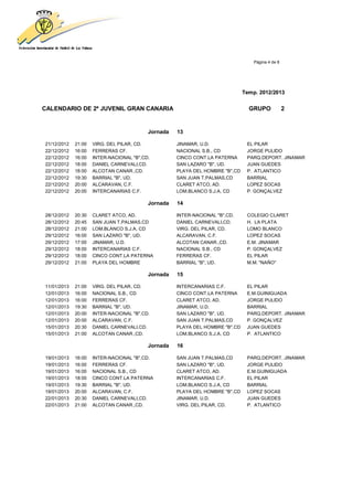 Página 4 de 8




                                                                              Temp. 2012/2013


CALENDARIO DE 2ª JUVENIL GRAN CANARIA                                           GRUPO             2


                                          Jornada   13

21/12/2012   21:00   VIRG. DEL PILAR, CD.           JINAMAR, U.D.              EL PILAR
22/12/2012   16:00   FERRERAS CF.                   NACIONAL S.B., CD          JORGE PULIDO
22/12/2012   16:00   INTER-NACIONAL "B",CD.         CINCO CONT.LA PATERNA      PARQ.DEPORT. JINAMAR
22/12/2012   18:00   DANIEL CARNEVALI,CD.           SAN LAZARO "B", UD.        JUAN GUEDES
22/12/2012   18:00   ALCOTAN CANAR.,CD.             PLAYA DEL HOMBRE "B",CD    P. ATLANTICO
22/12/2012   19:30   BARRIAL "B", UD.               SAN JUAN T.PALMAS,CD       BARRIAL
22/12/2012   20:00   ALCARAVAN, C.F.                CLARET ATCO, AD.           LOPEZ SOCAS
22/12/2012   20:00   INTERCANARIAS C.F.             LOM.BLANCO S.J.A, CD       P. GONÇALVEZ

                                          Jornada   14

28/12/2012   20:30   CLARET ATCO, AD.               INTER-NACIONAL "B",CD.     COLEGIO CLARET
28/12/2012   20:45   SAN JUAN T.PALMAS,CD           DANIEL CARNEVALI,CD.       H. LA PLATA
28/12/2012   21:00   LOM.BLANCO S.J.A, CD           VIRG. DEL PILAR, CD.       LOMO BLANCO
29/12/2012   16:00   SAN LAZARO "B", UD.            ALCARAVAN, C.F.            LOPEZ SOCAS
29/12/2012   17:00   JINAMAR, U.D.                  ALCOTAN CANAR.,CD.         E.M. JINAMAR
29/12/2012   18:00   INTERCANARIAS C.F.             NACIONAL S.B., CD          P. GONÇALVEZ
29/12/2012   18:00   CINCO CONT.LA PATERNA          FERRERAS CF.               EL PILAR
29/12/2012   21:00   PLAYA DEL HOMBRE               BARRIAL "B", UD.           M.M. "NAÑO"

                                          Jornada   15

11/01/2013   21:00   VIRG. DEL PILAR, CD.           INTERCANARIAS C.F.         EL PILAR
12/01/2013   16:00   NACIONAL S.B., CD              CINCO CONT.LA PATERNA      E.M.GUINIGUADA
12/01/2013   16:00   FERRERAS CF.                   CLARET ATCO, AD.           JORGE PULIDO
12/01/2013   19:30   BARRIAL "B", UD.               JINAMAR, U.D.              BARRIAL
12/01/2013   20:00   INTER-NACIONAL "B",CD.         SAN LAZARO "B", UD.        PARQ.DEPORT. JINAMAR
12/01/2013   20:00   ALCARAVAN, C.F.                SAN JUAN T.PALMAS,CD       P. GONÇALVEZ
15/01/2013   20:30   DANIEL CARNEVALI,CD.           PLAYA DEL HOMBRE "B",CD    JUAN GUEDES
15/01/2013   21:00   ALCOTAN CANAR.,CD.             LOM.BLANCO S.J.A, CD       P. ATLANTICO

                                          Jornada   16

19/01/2013   16:00   INTER-NACIONAL "B",CD.         SAN JUAN T.PALMAS,CD       PARQ.DEPORT. JINAMAR
19/01/2013   16:00   FERRERAS CF.                   SAN LAZARO "B", UD.        JORGE PULIDO
19/01/2013   16:00   NACIONAL S.B., CD              CLARET ATCO, AD.           E.M.GUINIGUADA
19/01/2013   18:00   CINCO CONT.LA PATERNA          INTERCANARIAS C.F.         EL PILAR
19/01/2013   19:30   BARRIAL "B", UD.               LOM.BLANCO S.J.A, CD       BARRIAL
19/01/2013   20:00   ALCARAVAN, C.F.                PLAYA DEL HOMBRE "B",CD    LOPEZ SOCAS
22/01/2013   20:30   DANIEL CARNEVALI,CD.           JINAMAR, U.D.              JUAN GUEDES
22/01/2013   21:00   ALCOTAN CANAR.,CD.             VIRG. DEL PILAR, CD.       P. ATLANTICO
 