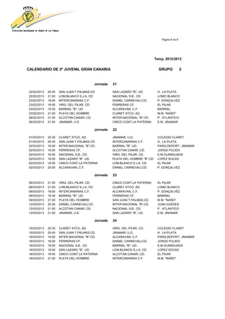 Página 6 de 8




                                                                                Temp. 2012/2013


CALENDARIO DE 2ª JUVENIL GRAN CANARIA                                             GRUPO             2


                                            Jornada   21

22/02/2013   20:45   SAN JUAN T.PALMAS,CD             SAN LAZARO "B", UD.        H. LA PLATA
22/02/2013   21:00   LOM.BLANCO S.J.A, CD             NACIONAL S.B., CD          LOMO BLANCO
23/02/2013   18:00   INTERCANARIAS C.F.               DANIEL CARNEVALI,CD.       P. GONÇALVEZ
23/02/2013   18:00   VIRG. DEL PILAR, CD.             FERRERAS CF.               EL PILAR
23/02/2013   19:30   BARRIAL "B", UD.                 ALCARAVAN, C.F.            BARRIAL
23/02/2013   21:00   PLAYA DEL HOMBRE                 CLARET ATCO, AD.           M.M. "NAÑO"
26/02/2013   21:00   ALCOTAN CANAR.,CD.               INTER-NACIONAL "B",CD.     P. ATLANTICO
26/02/2013   21:00   JINAMAR, U.D.                    CINCO CONT.LA PATERNA      E.M. JINAMAR

                                            Jornada   22

01/03/2013   20:30   CLARET ATCO, AD.                 JINAMAR, U.D.              COLEGIO CLARET
01/03/2013   20:45   SAN JUAN T.PALMAS,CD             INTERCANARIAS C.F.         H. LA PLATA
02/03/2013   16:00   INTER-NACIONAL "B",CD.           BARRIAL "B", UD.           PARQ.DEPORT. JINAMAR
02/03/2013   16:00   FERRERAS CF.                     ALCOTAN CANAR.,CD.         JORGE PULIDO
02/03/2013   16:00   NACIONAL S.B., CD                VIRG. DEL PILAR, CD.       E.M.GUINIGUADA
02/03/2013   16:00   SAN LAZARO "B", UD.              PLAYA DEL HOMBRE "B",CD    LOPEZ SOCAS
02/03/2013   18:00   CINCO CONT.LA PATERNA            LOM.BLANCO S.J.A, CD       EL PILAR
02/03/2013   20:00   ALCARAVAN, C.F.                  DANIEL CARNEVALI,CD.       P. GONÇALVEZ

                                            Jornada   23

08/03/2013   21:00   VIRG. DEL PILAR, CD.             CINCO CONT.LA PATERNA      EL PILAR
08/03/2013   21:00   LOM.BLANCO S.J.A, CD             CLARET ATCO, AD.           LOMO BLANCO
09/03/2013   18:00   INTERCANARIAS C.F.               ALCARAVAN, C.F.            P. GONÇALVEZ
09/03/2013   19:30   BARRIAL "B", UD.                 FERRERAS CF.               BARRIAL
09/03/2013   21:00   PLAYA DEL HOMBRE                 SAN JUAN T.PALMAS,CD       M.M. "NAÑO"
12/03/2013   20:30   DANIEL CARNEVALI,CD.             INTER-NACIONAL "B",CD.     JUAN GUEDES
12/03/2013   21:00   ALCOTAN CANAR.,CD.               NACIONAL S.B., CD          P. ATLANTICO
12/03/2013   21:00   JINAMAR, U.D.                    SAN LAZARO "B", UD.        E.M. JINAMAR

                                            Jornada   24

15/03/2013   20:30   CLARET ATCO, AD.                 VIRG. DEL PILAR, CD.       COLEGIO CLARET
15/03/2013   20:45   SAN JUAN T.PALMAS,CD             JINAMAR, U.D.              H. LA PLATA
16/03/2013   16:00   INTER-NACIONAL "B",CD.           ALCARAVAN, C.F.            PARQ.DEPORT. JINAMAR
16/03/2013   16:00   FERRERAS CF.                     DANIEL CARNEVALI,CD.       JORGE PULIDO
16/03/2013   16:00   NACIONAL S.B., CD                BARRIAL "B", UD.           E.M.GUINIGUADA
16/03/2013   16:00   SAN LAZARO "B", UD.              LOM.BLANCO S.J.A, CD       LOPEZ SOCAS
16/03/2013   18:00   CINCO CONT.LA PATERNA            ALCOTAN CANAR.,CD.         EL PILAR
16/03/2013   21:00   PLAYA DEL HOMBRE                 INTERCANARIAS C.F.         M.M. "NAÑO"
 