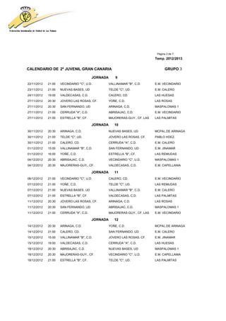 Página 3 de 7
                                                                             Temp. 2012/2013


CALENDARIO DE 2ª JUVENIL GRAN CANARIA                                               GRUPO 3

                                         JORNADA       9
22/11/2012   21:00   VECINDARIO "C", U.D.          VALLINAMAR "B", C.D.      E.M. VECINDARIO
23/11/2012   21:00   NUEVAS BASES, UD              TELDE "C", UD.            E.M. CALERO
24/11/2012   19:00   VALDECASAS, C.D.              CALERO, CD.               LAS HUESAS
27/11/2012   20:30   JOVERO LAS ROSAS, CF.         YOÑE, C.D.                LAS ROSAS
27/11/2012   20:30   SAN FERNANDO, UD              ARINAGA, C.D.             MASPALOMAS 1
27/11/2012   21:00   CERRUDA "A", C.D.             ABRISAJAC, C.D.           E.M. VECINDARIO
27/11/2012   21:00   ESTRELLA "B", CF.             MAJORERAS-GUY., CF. LAS   LAS PALMITAS

                                         JORNADA      10
30/11/2012   20:30   ARINAGA, C.D.                 NUEVAS BASES, UD          MCPAL.DE ARINAGA
30/11/2012   21:00   TELDE "C", UD.                JOVERO LAS ROSAS, CF.     PABLO HDEZ.
30/11/2012   21:00   CALERO, CD.                   CERRUDA "A", C.D.         E.M. CALERO
01/12/2012   15:00   VALLINAMAR "B", C.D.          SAN FERNANDO, UD          E.M. JINAMAR
01/12/2012   16:00   YOÑE, C.D.                    ESTRELLA "B", CF.         LAS REMUDAS
04/12/2012   20:30   ABRISAJAC, C.D.               VECINDARIO "C", U.D.      MASPALOMAS 1
04/12/2012   20:30   MAJORERAS-GUY., CF.           VALDECASAS, C.D.          E.M. CAPELLANIA

                                         JORNADA      11
06/12/2012   21:00   VECINDARIO "C", U.D.          CALERO, CD.               E.M. VECINDARIO
07/12/2012   21:00   YOÑE, C.D.                    TELDE "C", UD.            LAS REMUDAS
07/12/2012   21:00   NUEVAS BASES, UD              VALLINAMAR "B", C.D.      E.M. CALERO
07/12/2012   21:00   ESTRELLA "B", CF.             VALDECASAS, C.D.          LAS PALMITAS
11/12/2012   20:30   JOVERO LAS ROSAS, CF.         ARINAGA, C.D.             LAS ROSAS
11/12/2012   20:30   SAN FERNANDO, UD              ABRISAJAC, C.D.           MASPALOMAS 1
11/12/2012   21:00   CERRUDA "A", C.D.             MAJORERAS-GUY., CF. LAS   E.M. VECINDARIO

                                         JORNADA      12
14/12/2012   20:30   ARINAGA, C.D.                 YOÑE, C.D.                MCPAL.DE ARINAGA
14/12/2012   21:00   CALERO, CD.                   SAN FERNANDO, UD          E.M. CALERO
15/12/2012   15:00   VALLINAMAR "B", C.D.          JOVERO LAS ROSAS, CF.     E.M. JINAMAR
15/12/2012   19:00   VALDECASAS, C.D.              CERRUDA "A", C.D.         LAS HUESAS
18/12/2012   20:30   ABRISAJAC, C.D.               NUEVAS BASES, UD          MASPALOMAS 1
18/12/2012   20:30   MAJORERAS-GUY., CF.           VECINDARIO "C", U.D.      E.M. CAPELLANIA
18/12/2012   21:00   ESTRELLA "B", CF.             TELDE "C", UD.            LAS PALMITAS
 