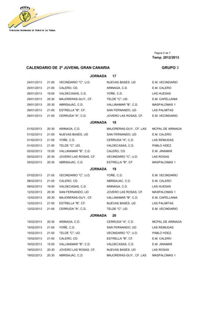 Página 5 de 7
                                                                             Temp. 2012/2013


CALENDARIO DE 2ª JUVENIL GRAN CANARIA                                               GRUPO 3

                                         JORNADA      17
24/01/2013   21:00   VECINDARIO "C", U.D.          NUEVAS BASES, UD          E.M. VECINDARIO
25/01/2013   21:00   CALERO, CD.                   ARINAGA, C.D.             E.M. CALERO
26/01/2013   19:00   VALDECASAS, C.D.              YOÑE, C.D.                LAS HUESAS
29/01/2013   20:30   MAJORERAS-GUY., CF.           TELDE "C", UD.            E.M. CAPELLANIA
29/01/2013   20:30   ABRISAJAC, C.D.               VALLINAMAR "B", C.D.      MASPALOMAS 1
29/01/2013   21:00   ESTRELLA "B", CF.             SAN FERNANDO, UD          LAS PALMITAS
29/01/2013   21:00   CERRUDA "A", C.D.             JOVERO LAS ROSAS, CF.     E.M. VECINDARIO

                                         JORNADA      18
01/02/2013   20:30   ARINAGA, C.D.                 MAJORERAS-GUY., CF. LAS   MCPAL.DE ARINAGA
01/02/2013   21:00   NUEVAS BASES, UD              SAN FERNANDO, UD          E.M. CALERO
01/02/2013   21:00   YOÑE, C.D.                    CERRUDA "A", C.D.         LAS REMUDAS
01/02/2013   21:00   TELDE "C", UD.                VALDECASAS, C.D.          PABLO HDEZ.
02/02/2013   15:00   VALLINAMAR "B", C.D.          CALERO, CD.               E.M. JINAMAR
05/02/2013   20:30   JOVERO LAS ROSAS, CF.         VECINDARIO "C", U.D.      LAS ROSAS
05/02/2013   20:30   ABRISAJAC, C.D.               ESTRELLA "B", CF.         MASPALOMAS 1

                                         JORNADA      19
07/02/2013   21:00   VECINDARIO "C", U.D.          YOÑE, C.D.                E.M. VECINDARIO
08/02/2013   21:00   CALERO, CD.                   ABRISAJAC, C.D.           E.M. CALERO
09/02/2013   19:00   VALDECASAS, C.D.              ARINAGA, C.D.             LAS HUESAS
12/02/2013   20:30   SAN FERNANDO, UD              JOVERO LAS ROSAS, CF.     MASPALOMAS 1
12/02/2013   20:30   MAJORERAS-GUY., CF.           VALLINAMAR "B", C.D.      E.M. CAPELLANIA
12/02/2013   21:00   ESTRELLA "B", CF.             NUEVAS BASES, UD          LAS PALMITAS
12/02/2013   21:00   CERRUDA "A", C.D.             TELDE "C", UD.            E.M. VECINDARIO

                                         JORNADA      20
15/02/2013   20:30   ARINAGA, C.D.                 CERRUDA "A", C.D.         MCPAL.DE ARINAGA
15/02/2013   21:00   YOÑE, C.D.                    SAN FERNANDO, UD          LAS REMUDAS
15/02/2013   21:00   TELDE "C", UD.                VECINDARIO "C", U.D.      PABLO HDEZ.
15/02/2013   21:00   CALERO, CD.                   ESTRELLA "B", CF.         E.M. CALERO
16/02/2013   15:00   VALLINAMAR "B", C.D.          VALDECASAS, C.D.          E.M. JINAMAR
19/02/2013   20:30   JOVERO LAS ROSAS, CF.         NUEVAS BASES, UD          LAS ROSAS
19/02/2013   20:30   ABRISAJAC, C.D.               MAJORERAS-GUY., CF. LAS   MASPALOMAS 1
 