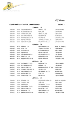 Página 6 de 7
                                                                             Temp. 2012/2013


CALENDARIO DE 2ª JUVENIL GRAN CANARIA                                               GRUPO 3

                                         JORNADA      21
21/02/2013   21:00   VECINDARIO "C", U.D.          ARINAGA, C.D.             E.M. VECINDARIO
22/02/2013   21:00   NUEVAS BASES, UD              YOÑE, C.D.                E.M. CALERO
23/02/2013   19:00   VALDECASAS, C.D.              ABRISAJAC, C.D.           LAS HUESAS
26/02/2013   20:30   SAN FERNANDO, UD              TELDE "C", UD.            MASPALOMAS 1
26/02/2013   20:30   MAJORERAS-GUY., CF.           CALERO, CD.               E.M. CAPELLANIA
26/02/2013   21:00   ESTRELLA "B", CF.             JOVERO LAS ROSAS, CF.     LAS PALMITAS
26/02/2013   21:00   CERRUDA "A", C.D.             VALLINAMAR "B", C.D.      E.M. VECINDARIO

                                         JORNADA      22
01/03/2013   20:30   ARINAGA, C.D.                 SAN FERNANDO, UD          MCPAL.DE ARINAGA
01/03/2013   21:00   YOÑE, C.D.                    JOVERO LAS ROSAS, CF.     LAS REMUDAS
01/03/2013   21:00   TELDE "C", UD.                NUEVAS BASES, UD          PABLO HDEZ.
01/03/2013   21:00   CALERO, CD.                   VALDECASAS, C.D.          E.M. CALERO
02/03/2013   15:00   VALLINAMAR "B", C.D.          VECINDARIO "C", U.D.      E.M. JINAMAR
05/03/2013   20:30   ABRISAJAC, C.D.               CERRUDA "A", C.D.         MASPALOMAS 1
05/03/2013   20:30   MAJORERAS-GUY., CF.           ESTRELLA "B", CF.         E.M. CAPELLANIA

                                         JORNADA      23
07/03/2013   21:00   VECINDARIO "C", U.D.          ABRISAJAC, C.D.           E.M. VECINDARIO
08/03/2013   21:00   NUEVAS BASES, UD              ARINAGA, C.D.             E.M. CALERO
09/03/2013   19:00   VALDECASAS, C.D.              MAJORERAS-GUY., CF. LAS   LAS HUESAS
12/03/2013   20:30   JOVERO LAS ROSAS, CF.         TELDE "C", UD.            LAS ROSAS
12/03/2013   20:30   SAN FERNANDO, UD              VALLINAMAR "B", C.D.      MASPALOMAS 1
12/03/2013   21:00   ESTRELLA "B", CF.             YOÑE, C.D.                LAS PALMITAS
12/03/2013   21:00   CERRUDA "A", C.D.             CALERO, CD.               E.M. VECINDARIO

                                         JORNADA      24
15/03/2013   20:30   ARINAGA, C.D.                 JOVERO LAS ROSAS, CF.     MCPAL.DE ARINAGA
15/03/2013   21:00   TELDE "C", UD.                YOÑE, C.D.                PABLO HDEZ.
15/03/2013   21:00   CALERO, CD.                   VECINDARIO "C", U.D.      E.M. CALERO
16/03/2013   15:00   VALLINAMAR "B", C.D.          NUEVAS BASES, UD          E.M. JINAMAR
16/03/2013   19:00   VALDECASAS, C.D.              ESTRELLA "B", CF.         LAS HUESAS
19/03/2013   20:30   ABRISAJAC, C.D.               SAN FERNANDO, UD          MASPALOMAS 1
19/03/2013   20:30   MAJORERAS-GUY., CF.           CERRUDA "A", C.D.         E.M. CAPELLANIA
 