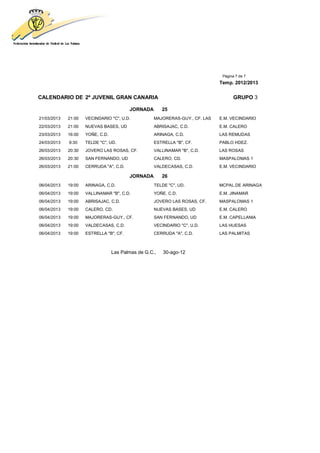 Página 7 de 7
                                                                              Temp. 2012/2013


CALENDARIO DE 2ª JUVENIL GRAN CANARIA                                                GRUPO 3

                                         JORNADA        25
21/03/2013   21:00   VECINDARIO "C", U.D.           MAJORERAS-GUY., CF. LAS   E.M. VECINDARIO
22/03/2013   21:00   NUEVAS BASES, UD               ABRISAJAC, C.D.           E.M. CALERO
23/03/2013   16:00   YOÑE, C.D.                     ARINAGA, C.D.             LAS REMUDAS
24/03/2013   9:30    TELDE "C", UD.                 ESTRELLA "B", CF.         PABLO HDEZ.
26/03/2013   20:30   JOVERO LAS ROSAS, CF.          VALLINAMAR "B", C.D.      LAS ROSAS
26/03/2013   20:30   SAN FERNANDO, UD               CALERO, CD.               MASPALOMAS 1
26/03/2013   21:00   CERRUDA "A", C.D.              VALDECASAS, C.D.          E.M. VECINDARIO

                                         JORNADA        26
06/04/2013   19:00   ARINAGA, C.D.                  TELDE "C", UD.            MCPAL.DE ARINAGA
06/04/2013   19:00   VALLINAMAR "B", C.D.           YOÑE, C.D.                E.M. JINAMAR
06/04/2013   19:00   ABRISAJAC, C.D.                JOVERO LAS ROSAS, CF.     MASPALOMAS 1
06/04/2013   19:00   CALERO, CD.                    NUEVAS BASES, UD          E.M. CALERO
06/04/2013   19:00   MAJORERAS-GUY., CF.            SAN FERNANDO, UD          E.M. CAPELLANIA
06/04/2013   19:00   VALDECASAS, C.D.               VECINDARIO "C", U.D.      LAS HUESAS
06/04/2013   19:00   ESTRELLA "B", CF.              CERRUDA "A", C.D.         LAS PALMITAS



                                  Las Palmas de G.C.,   30-ago-12
 