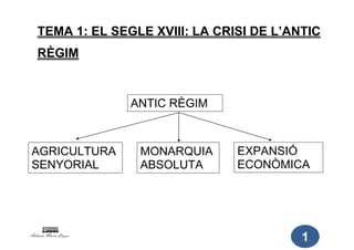 TEMA 1: EL SEGLE XVIII: LA CRISI DE L’ANTIC
   RÈGIM


                      ANTIC RÈGIM



AGRICULTURA            MONARQUIA    EXPANSIÓ
SENYORIAL              ABSOLUTA     ECONÒMICA




Antònia Marín Luque
                                           1
 