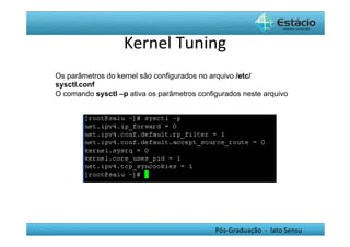 Kernel	
  Tuning	
  
Os parâmetros do kernel são configurados no arquivo /etc/
sysctl.conf
O comando sysctl –p ativa os parâmetros configurados neste arquivo




                                             Pós-­‐Graduação	
  	
  -­‐	
  	
  lato	
  Sensu	
  
 