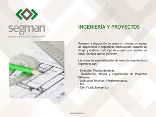 Ponemos a disposición de nuestros clientes un equipo
de arquitectos e ingenieros especialistas capaces de
dirigir y elaborar todo tipo de proyectos y resolver los
retos técnicos que se planteen.
Las áreas de especialización de nuestros arquitectos e
ingenieros son:
· Dirección Técnica de obras.
· Realización, Visado y Legalización de Proyectos
Oficiales.
· Auditorías Técnicas y Reglamentarias.
· ITE.
· Certificado Energético.
INGENIERÍA Y PROYECTOS
 