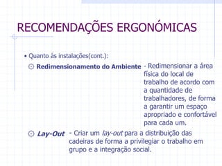 RECOMENDAÇÕES ERGONÓMICAS 
۞ Redimensionamento do Ambiente - Redimensionar a área 
física do local de 
trabalho de acordo com 
a quantidade de 
trabalhadores, de forma 
a garantir um espaço 
apropriado e confortável 
para cada um. 
• Quanto às instalações(cont.): 
۞Lay-Out - Criar um lay-out para a distribuição das 
cadeiras de forma a privilegiar o trabalho em 
grupo e a integração social. 
 