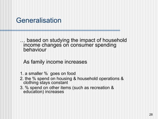 Generalisation …  based on studying the impact of household income changes on consumer spending behaviour As family income increases 1. a smaller %  goes on food 2. the % spend on housing & household operations & clothing stays constant  3. % spend on other items (such as recreation & education) increases 