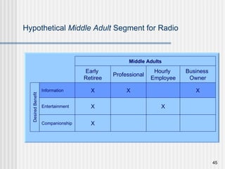 Hypothetical  Middle Adult  Segment for Radio Early  Retiree Hourly  Employee Business  Owner Professional Information X X X Entertainment X X Companionship X Desired Benefit Middle Adults 