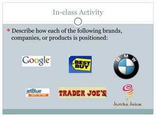 In-class Activity
Describe how each of the following brands,
companies, or products is positioned:
 