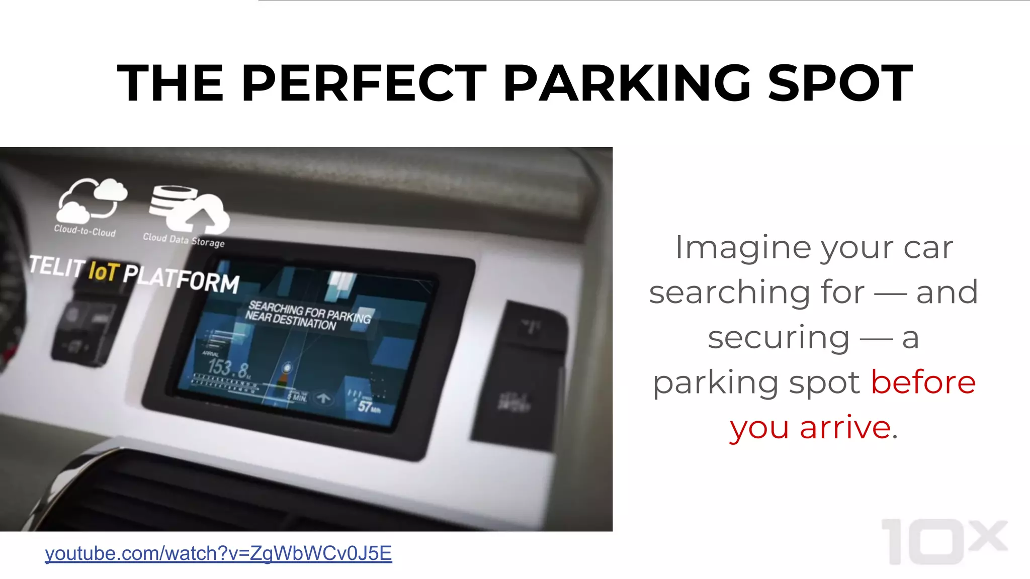 THE PERFECT PARKING SPOT
Imagine your car
searching for — and
securing — a
parking spot before
you arrive.
youtube.com/watch?v=ZgWbWCv0J5E
 