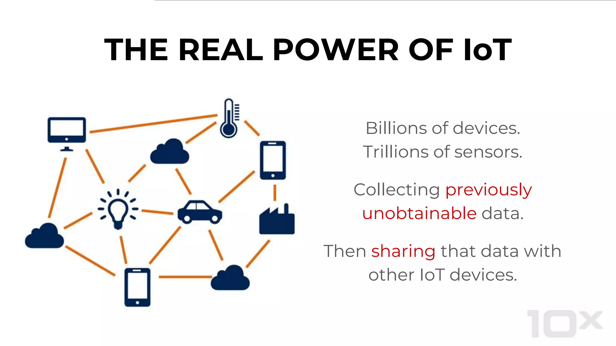 THE REAL POWER OF IoT
Billions of devices.
Trillions of sensors.
Collecting previously
unobtainable data.
Then sharing that data with
other IoT devices.
 