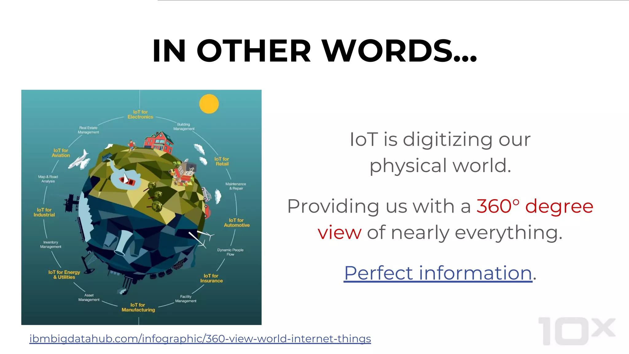 IoT is digitizing our
physical world.
Providing us with a 360° degree
view of nearly everything.
Perfect information.
IN OTHER WORDS...
ibmbigdatahub.com/infographic/360-view-world-internet-things
 