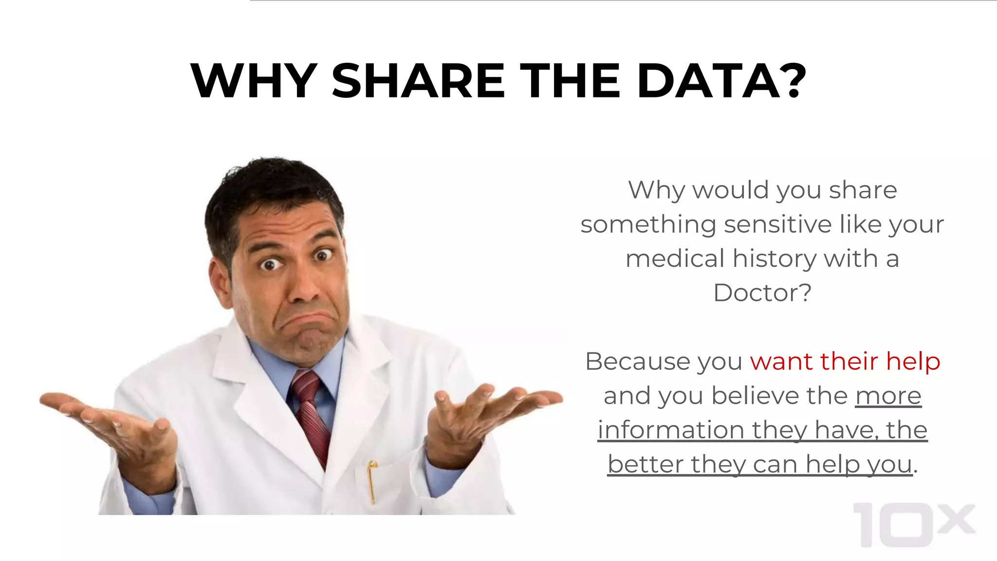 WHY SHARE THE DATA?
Why would you share
something sensitive like your
medical history with a
Doctor?
Because you want their help
and you believe the more
information they have, the
better they can help you.
 