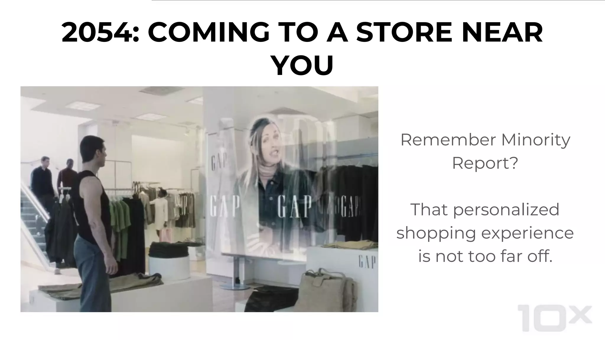 2054: COMING TO A STORE NEAR
YOU
Remember Minority
Report?
That personalized
shopping experience
is not too far off.
 