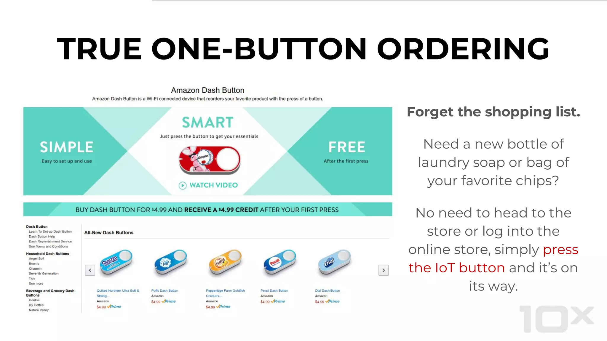 TRUE ONE-BUTTON ORDERING
Forget the shopping list.
Need a new bottle of
laundry soap or bag of
your favorite chips?
No need to head to the
store or log into the
online store, simply press
the IoT button and it’s on
its way.
 