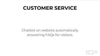 CUSTOMER SERVICE
Chatbot on website automatically
answering FAQs for visitors.
 