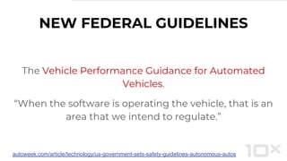NEW FEDERAL GUIDELINES
The Vehicle Performance Guidance for Automated
Vehicles.
“When the software is operating the vehicle, that is an
area that we intend to regulate.”
autoweek.com/article/technology/us-government-sets-safety-guidelines-autonomous-autos
 