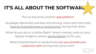 IT’S ALL ABOUT THE SOFTWARE
The car becomes another app platform.
As people spend less and less time driving, more and more they
look for entertainment or productivity during their drive.
What do you do on a airline flight? Watch movies, work on your
laptop. Imagine a plane, personalized just for you.
What entertainment or productivity can you provide your
customers with during their drive time?
 