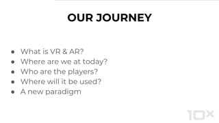 OUR JOURNEY
● What is VR & AR?
● Where are we at today?
● Who are the players?
● Where will it be used?
● A new paradigm
 