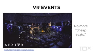 VR EVENTS
No more
“cheap
seats.”
nextvr.com/experiences/Coldplay
 